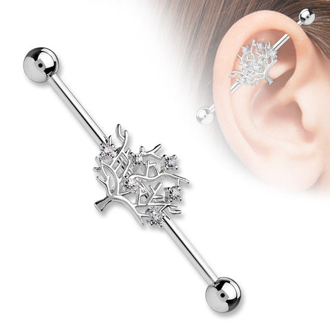 Industrial Barbell CZ Tree of Life 316L Surgical Steel 1 1/2 14g Bar