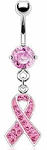 Belly Button Ring Heart 316L Surgical Steel Navel Ring with Multi Gem Pink Awareness Ribbon Dangle 14g 3/8"