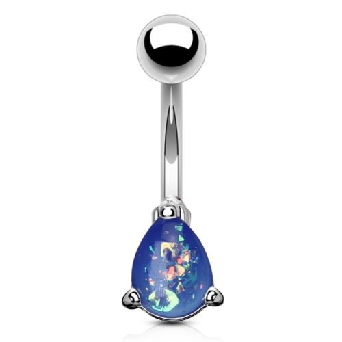 Belly Button Ring 14g Opal Glitter Tear Drop Prong Set 316L Surgical Steel Navel [Blue]