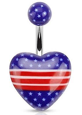 Belly Button Rings Heart with American Flag Print Acrylic 316L Surgical Steel