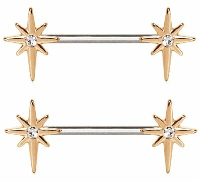 Nipple Ring Bars Stainless Steel Rose Gold Plated CZ Northern Star pair