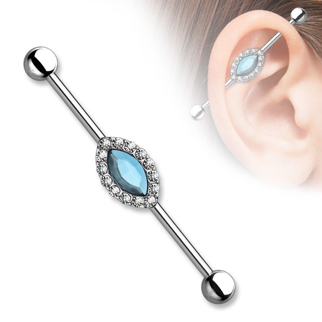 Industrial Barbell Marquise Crystal Around 316L Surgical Steel Industrial 1 1/2 14g Bar