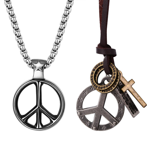 2pcs Vintage Peace Sign Leather Necklace Hippie Symbol Stainless Steel Pendant