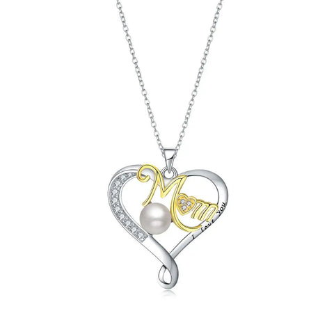 925 Sterling Silver Moms Necklace Heart Pendant Morther's Day Zircon Pearl Two-tone Jewelry