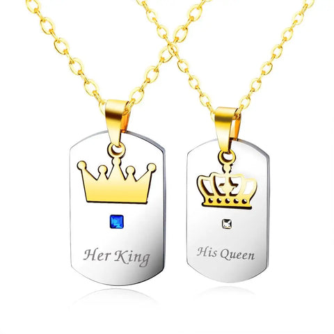 Necklace King & His Queen Crown Couple Necklaces Stainless Steel Charm Pendants Dog Tag Crysta
