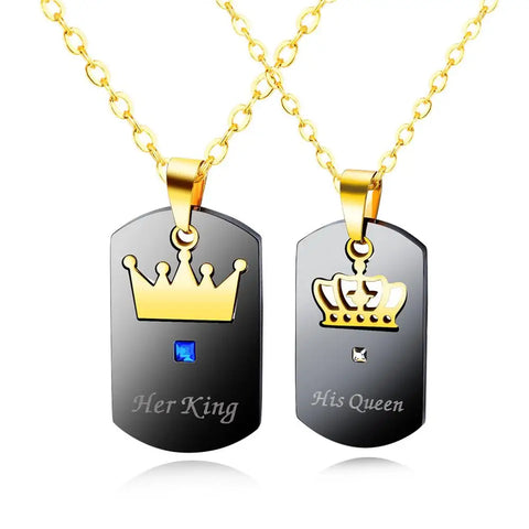 Necklace King & His Queen Crown Couple Stainless Steel Charm Love Pendants Dog Tag Crystal