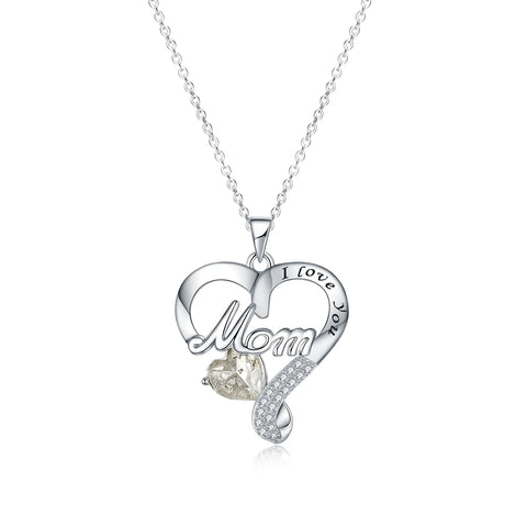 .925 Sterling Silver Mother's Gift I Love You Mom Heart Zircon Pendant Necklace Women Jewelry