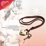 Vintage Key Lock Heart Pendant Rope Leather Chain Men Women Necklace Love Couple