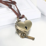 Vintage Key Lock Heart Pendant Rope Leather Chain Men Women Necklace Love Couple