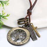 Vintage Tree of Life Cross Leather Necklaces Men Women Charm Rope Chain Pendant