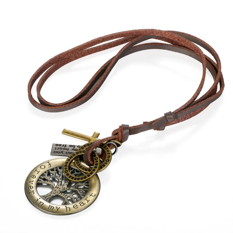 Vintage Tree of Life Cross Leather Necklaces Men Women Charm Rope Chain Pendant