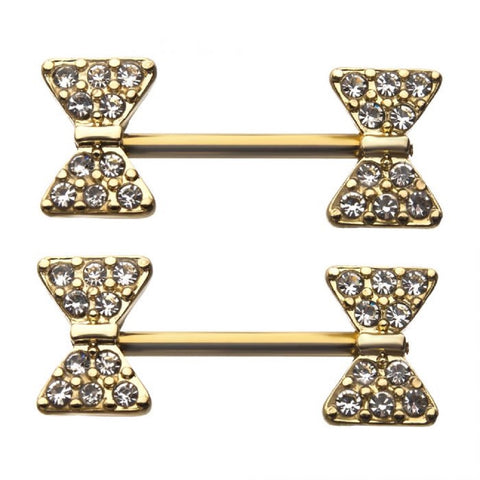 Nipple Ring Bar Gold Plated Front Facing Bow Tie with Clear Gem Nipple Barbell