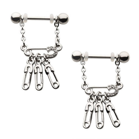 Nipple Ring Bar Surgical Steel with Clear CZ Stacked Safety Pins & Chain 5mm ball Dangle Nipple Barbel Nipple Barbell