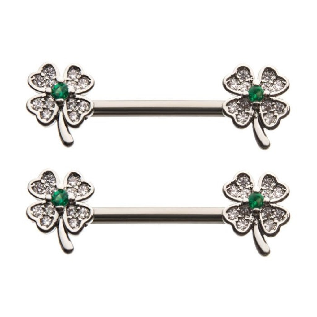 Nipple Ring Surgical Steel with Front Facing Clear Green CZ 4 Leaf Clover Irish Barbell