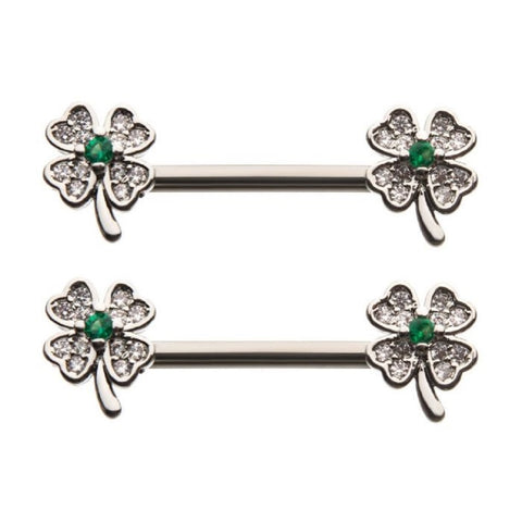 Nipple Ring Surgical Steel with Front Facing Clear Green CZ 4 Leaf Clover Irish Barbell