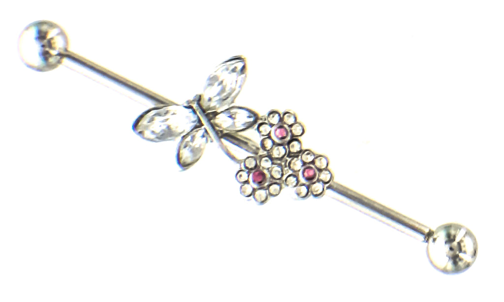 Industrial bar 14g 1.5'' Barbell with Clear Butterfly and Flowers