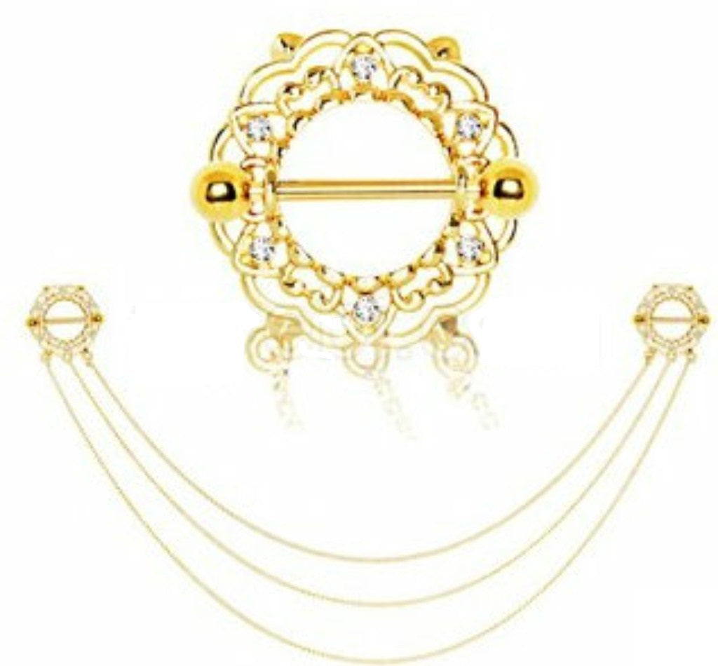 Nipple Ring Bars Gold Plated Triple Chain Floral Nipple Shields Sold as pair