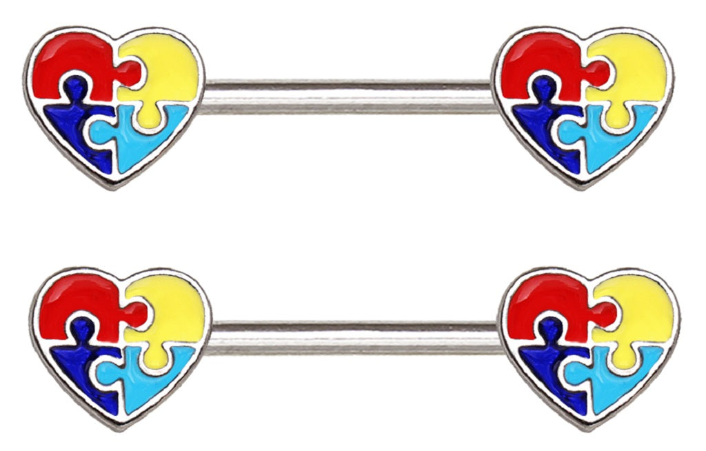Nipple Ring Bars 316L Stainless Steel Puzzle Heart Autism Shields Pair