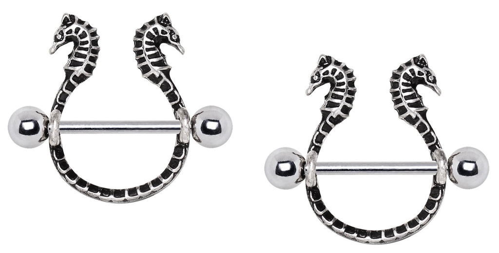 Nipple Ring Stainless Steel Double Wicked Seahorse Shields barbell pair