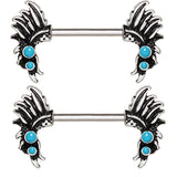 Nipple Ring Bars Stainless Steel Turquoise Feather Headdress pair