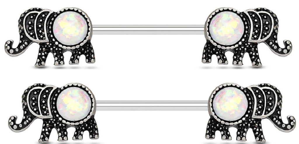 Nipple Rings Elephant with Opal Glitter Set 316L Surgical Steel Barbells(green )