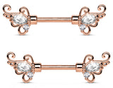 Nipple Ring CZ Set Floral Filigree Ends 316L Surgical Steel Barbells Bar pair