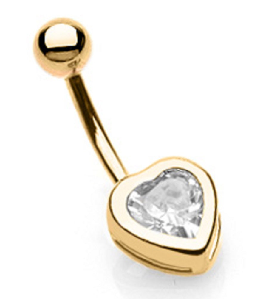 Belly Button Ring Navel Gold Plated Heart CZ Solitaire Body Jewelry 14 Gauge