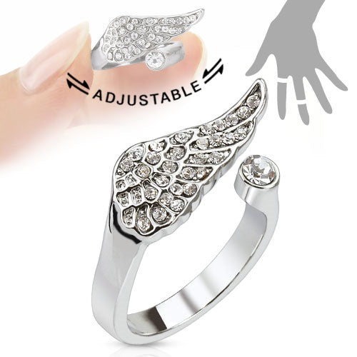 Angel Wing Multi-Paved Gems Adjustable Rhodium Plated Brass Mid-Ring/ Toe Ring