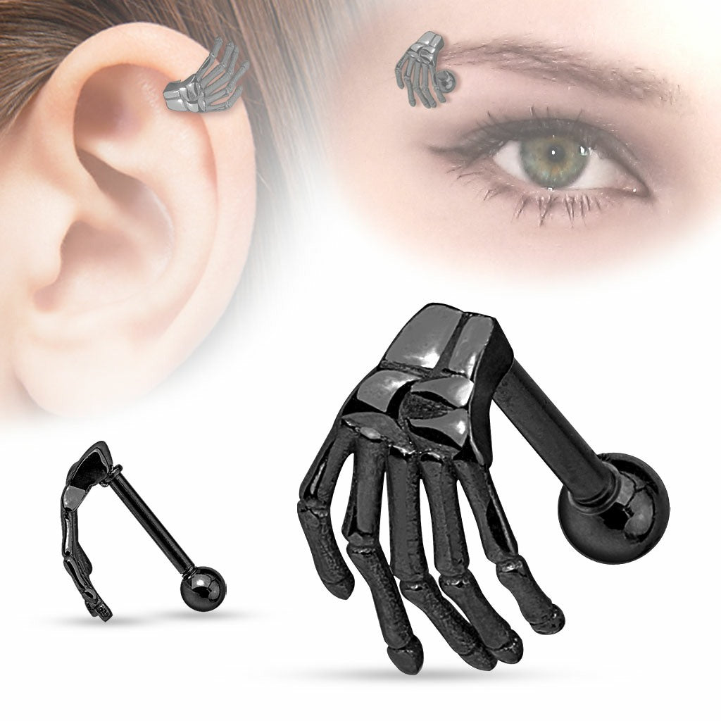 Tragus Skeleton Hand Top 316L Surgical Steel Eyebrow/Cartilage Barbell 16g