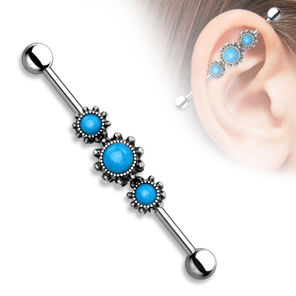14g Industrial Barbell Triple Round Turquoise Center 316L Industrial bar 1 1/2''