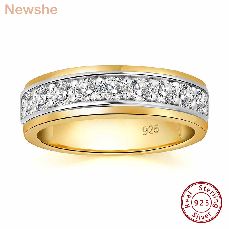 Yellow Gold Plate Wedding Ring For Men 925 Sterling Silver Brilliant Round Aaaaa Cubic Zircon Ring