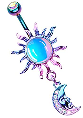 Belly Button Ring Navel Opal Celestial Sun Moon Dangle (Rainbow/Aurora Borealis) FBA