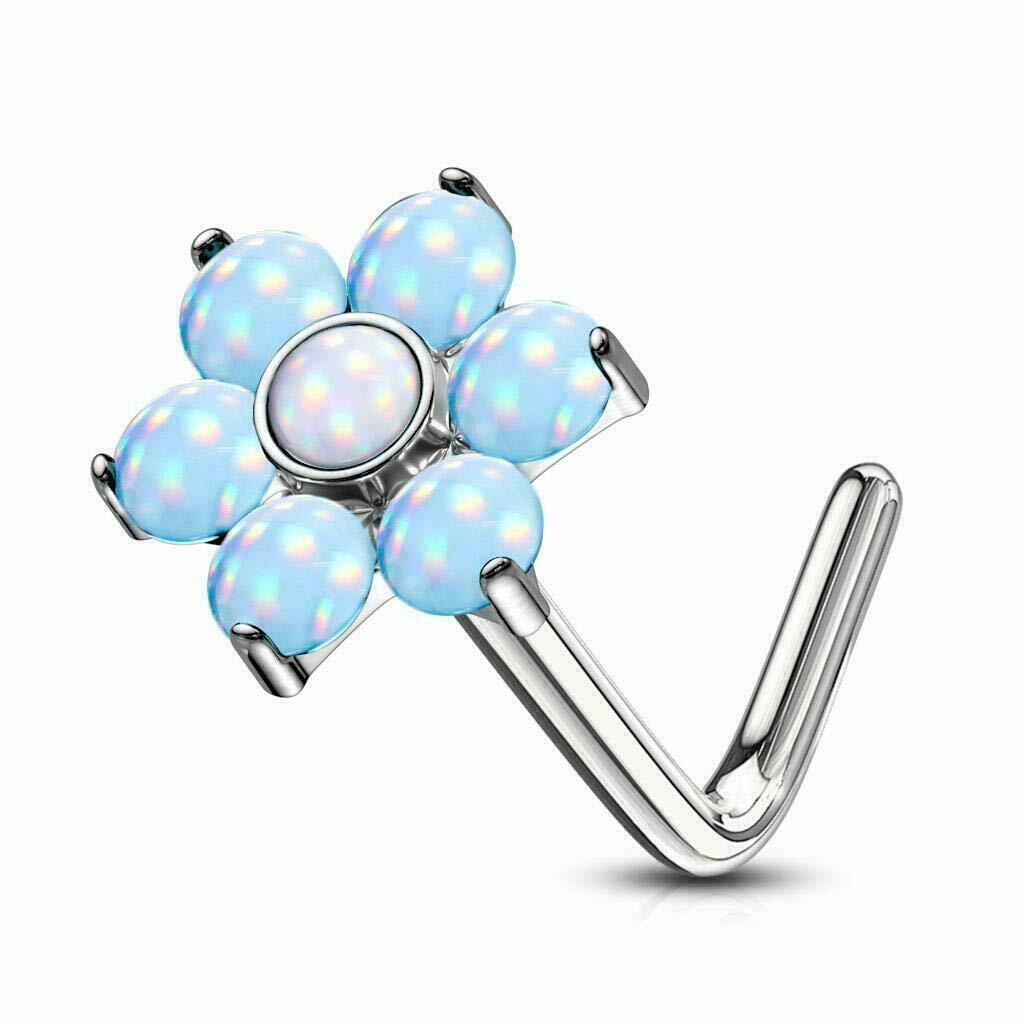 Nose Stud Rings L-Shape with Illuminating Stone Flower Top 20g(.8mm) 1/4(6mm)