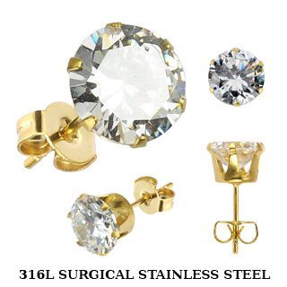 Pair of Gold Plated 316L Surgical Stainless Steel Stud Earrings with Round Clear CZ 6mm