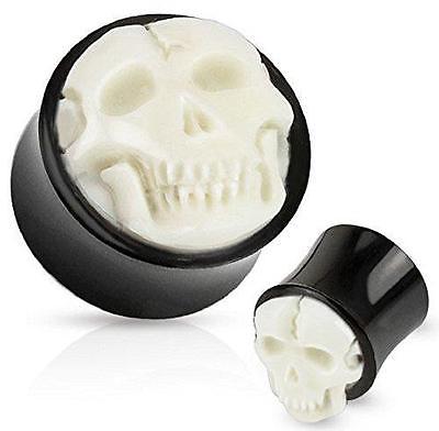 Hand Carved Bone Skull Inlay with Organic Horn Saddle Plug - Sold as a pair 0g