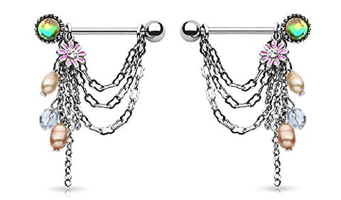 Nipple Ring Bars Dangle Beads Body Jewelry Pair 14 gauge Sold as pair