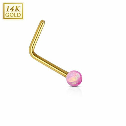 Nose Ring 20g 14Kt. Gold L Bend Nose Stud Ring with 2mm Opal Ball [pink] - pink