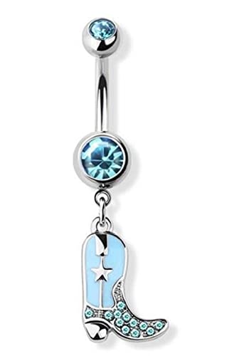 Belly Button Ring Gem Paved Cowboy Cowgirl Boots 316L surgical steel navel silver star FBA