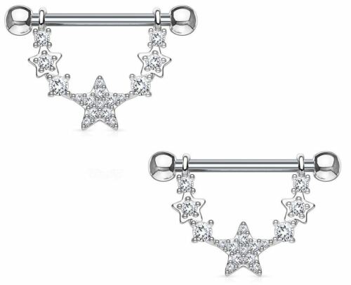 Nipple rings CZ Paved Linked Stars Dangle  316L Surgical Steel 14g [Silver tone] - Silver tone