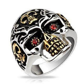 Stainless Steel Gold IP Skull Accent with Red CZ Eyes Skull Cast Ring Body Accentz&reg; Size 14