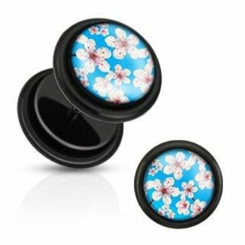 Body Accentz® Black Acrylic Fake Plug with Cherry Blossoms Over Inlay with O-Rings - Sold as a pair clear 16g 1/4" 10MM