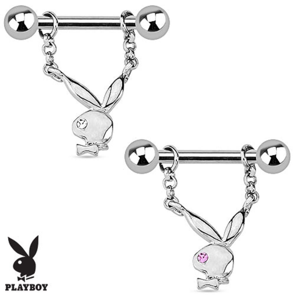 Playboy Bunny with Single Gem Dangle 316L Surgical Steel Nipple Bar pair