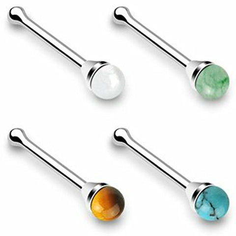 Nose Screw Bonus Pack with 4 .925 Sterling Silver Nose Stud with Round Semi Precious Stone