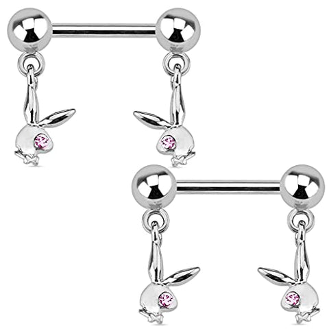 Playboy Bunny with Gemmed Eye Dangle 316L Surgical Steel Nipple Bar