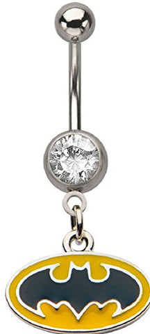 Body Accentz&reg; Belly Button Ring Navel 316L Surgical Steel, Cubic Zirconia, Logo, Gem, Dangle, Batman Body Jewelry 14 Gauge