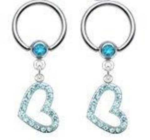 Nipple Ring Gemmed Captive Bead w/Gem Paved Heart Dangle 316L Surgical Steel