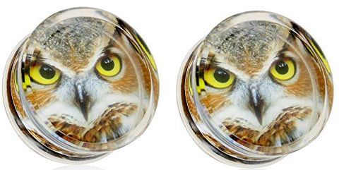 Earrings Owl Print Encased Clear Acrylic Saddle Fit Plug 2g