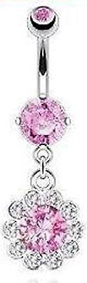 Belly Button ring Surgical Steel Round CZ Flower Paved Gem Petals Navel 14g - Blue