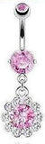 Belly Button ring Surgical Steel Round CZ Flower Paved Gem Petals Navel 14g - White