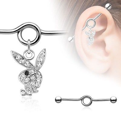 Industrial bar Paved Gems Playboy Bunny Black Gem Eye 316L Surgical Steel